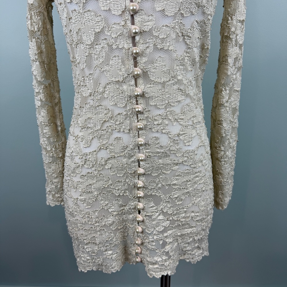 Vintage 90’s MICHI Cream Lace pearl buttons Long Sleeve Mini cocktail Dress Med - Picture 4 of 8